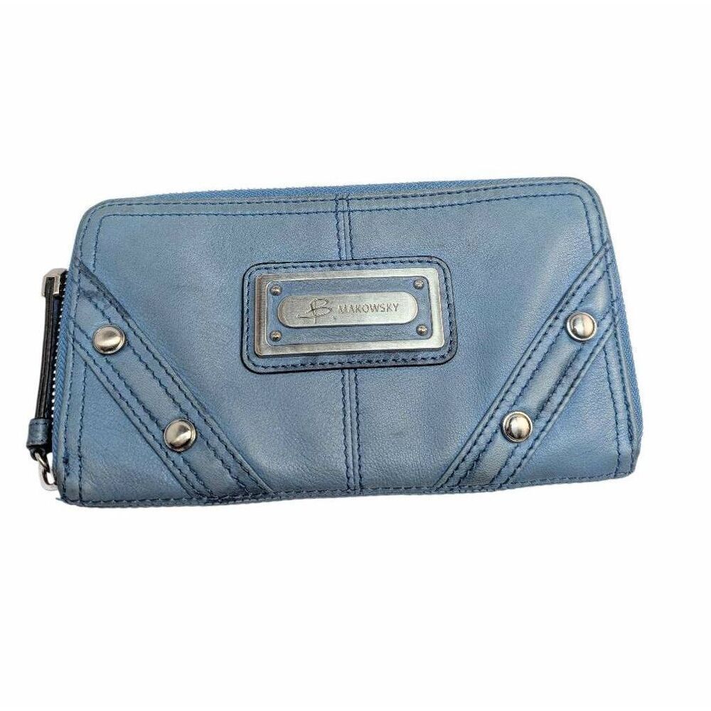 Vintage Y2K B. Makowsky light blue soft leather studs zip around wallet